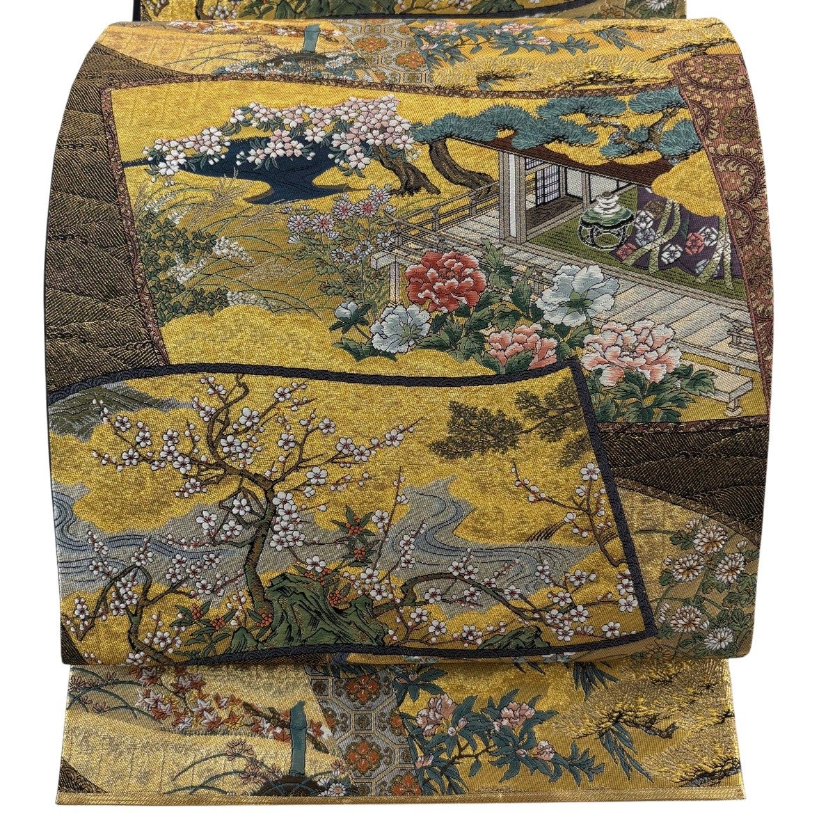 30%OFF 【美品】 袋帯 秀品 巻物 草花 箔 唐織 金色 六通 正絹 K30