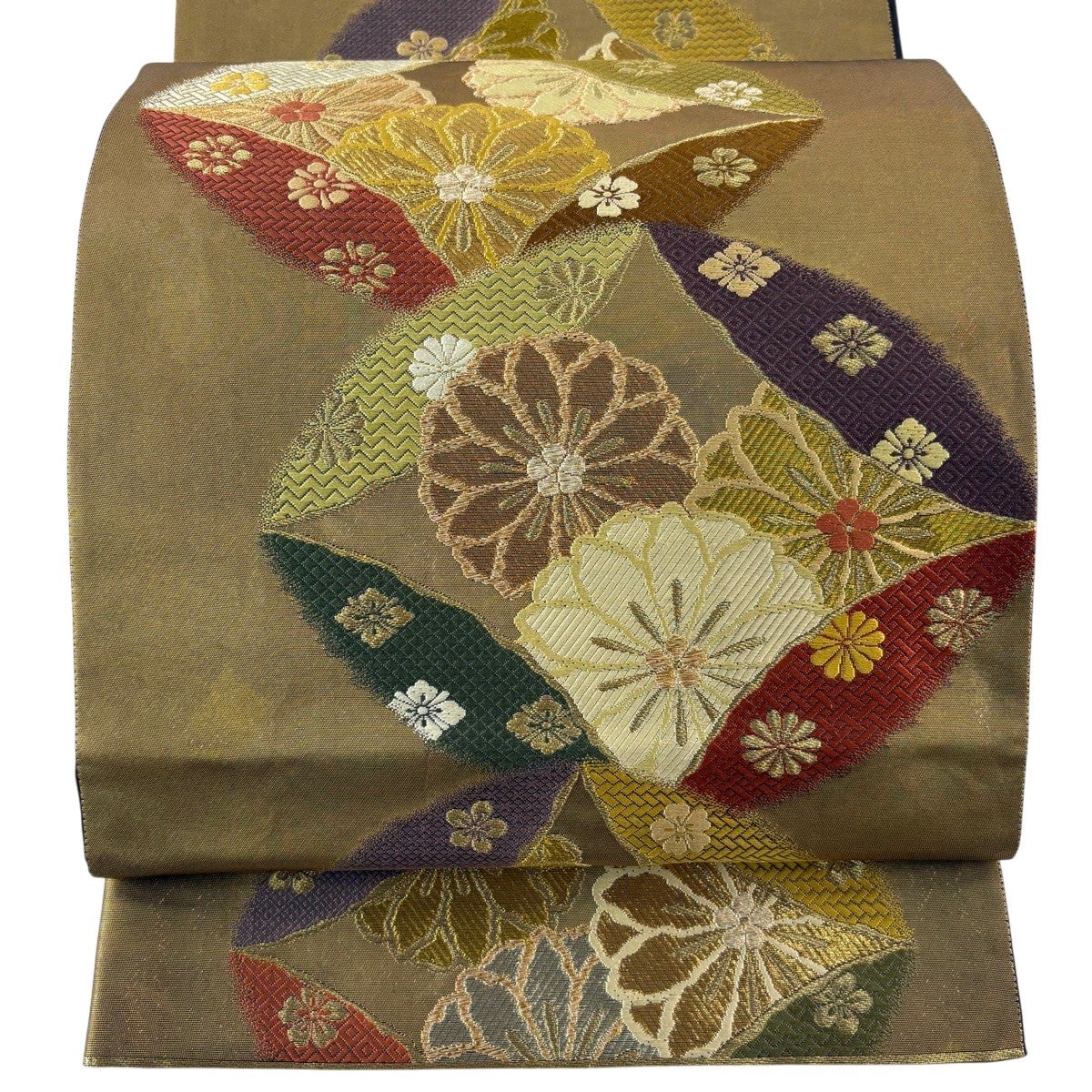 30%OFF 【美品】 袋帯 秀品 関西仕立て 七宝 花 金糸 箔 金茶 六通
