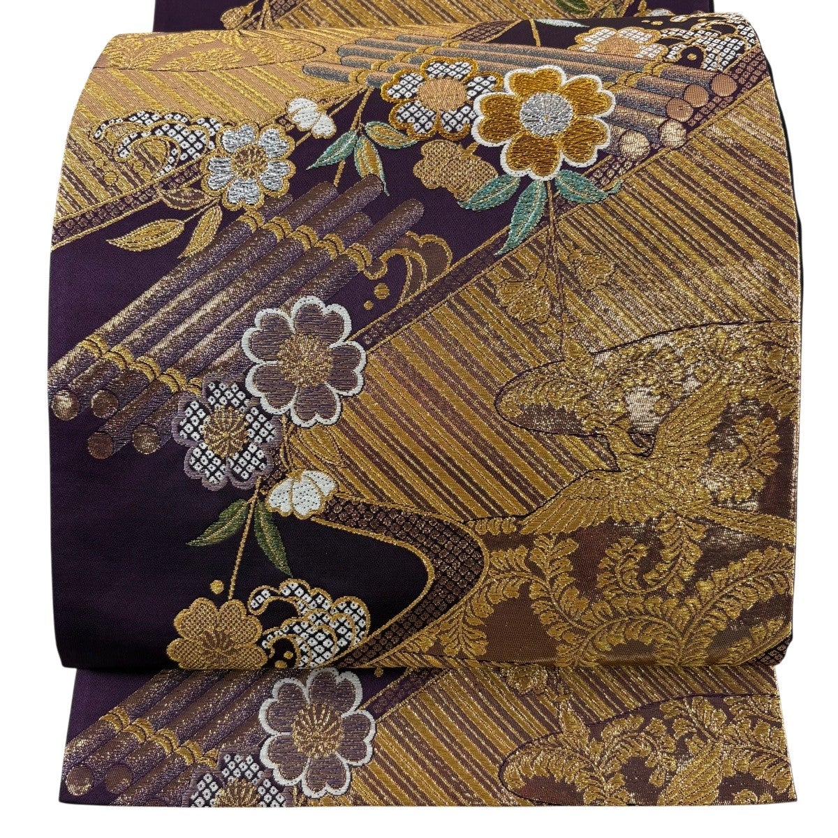 袋帯 秀品 夏帯 花筏 草花 箔 唐織 ベージュ 六通 正絹｜中古・古着