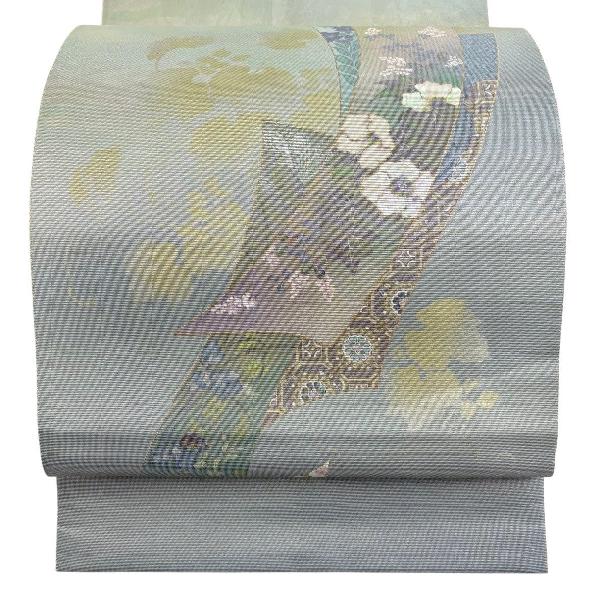 美品 袋帯 名品 草花 鳥 箔 螺鈿箔 銀色 お太鼓柄 正絹 中古 袋帯 秀品