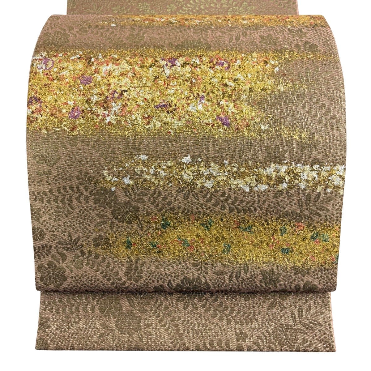 美品】 袋帯 秀品 霞 草花 金銀彩 箔 薄茶色 お太鼓柄 正絹｜中古