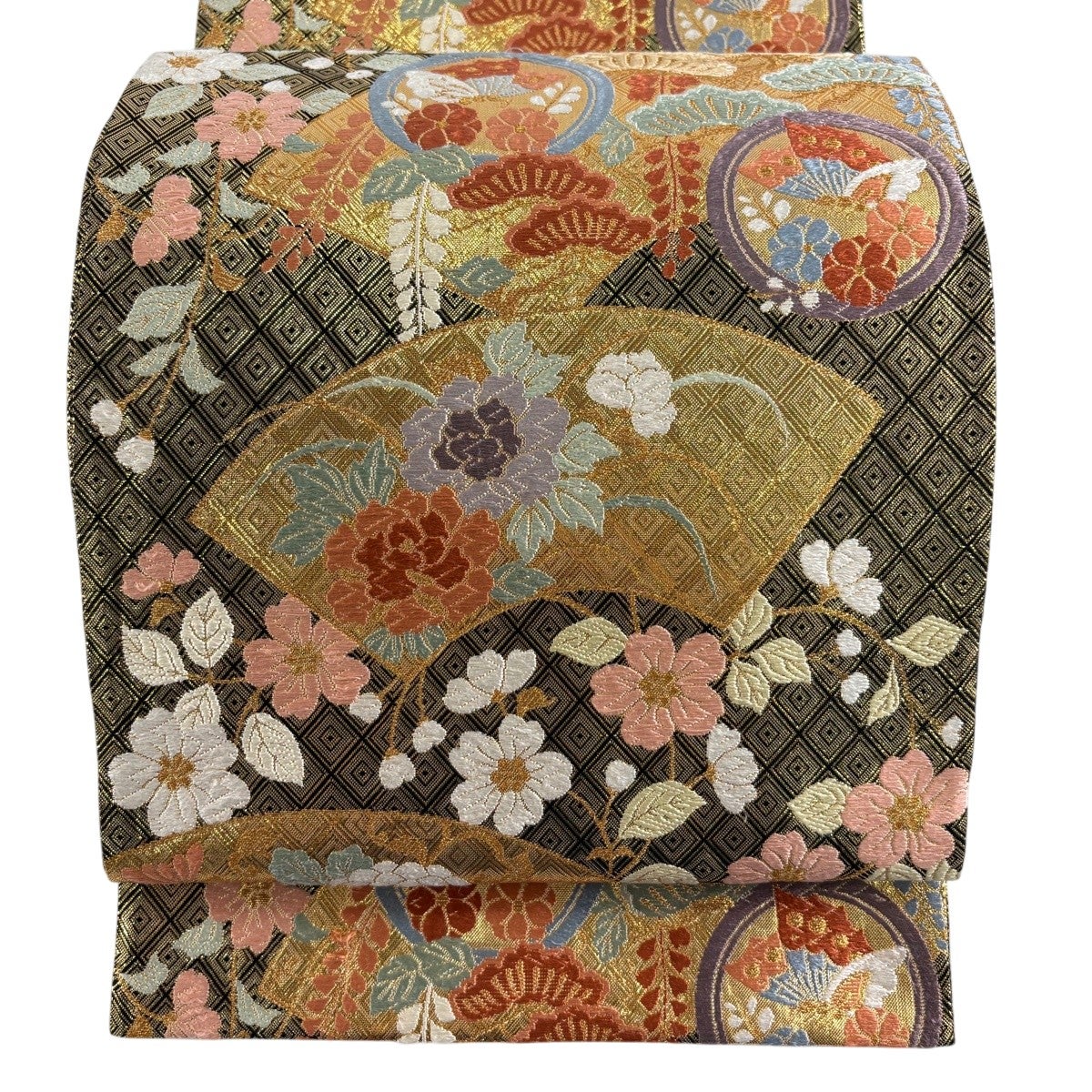 50%OFF 袋帯 秀品 扇面 桜 金糸 箔 金色 六通 正絹 K50｜中古・古着