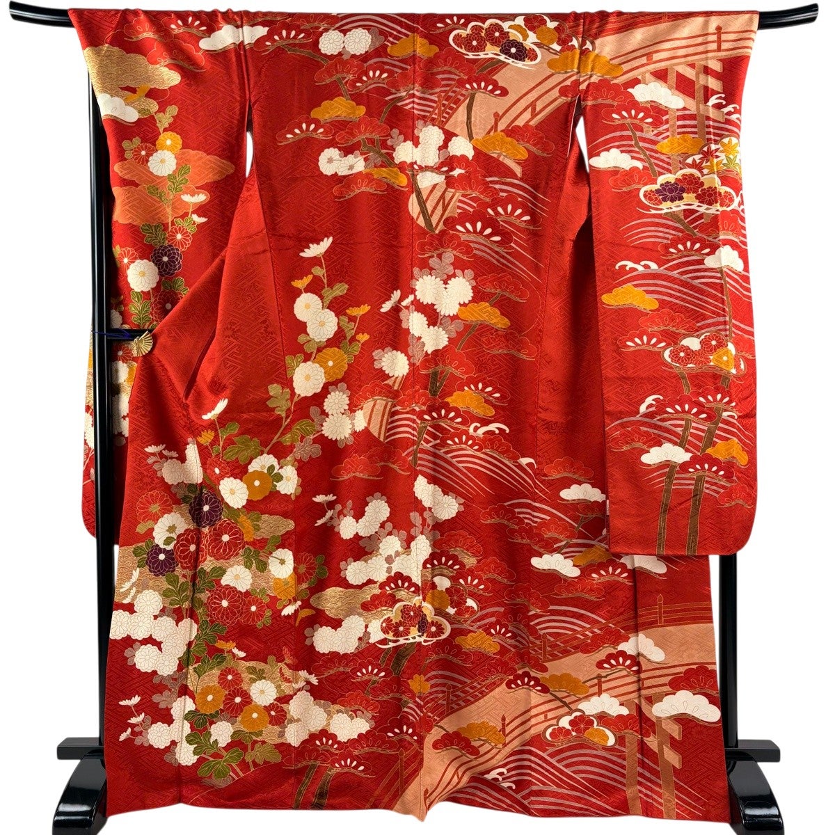 振袖 身丈169cm 裄丈70.5cm L 袷 菊 青海波 金糸 金彩 赤 正絹 名品