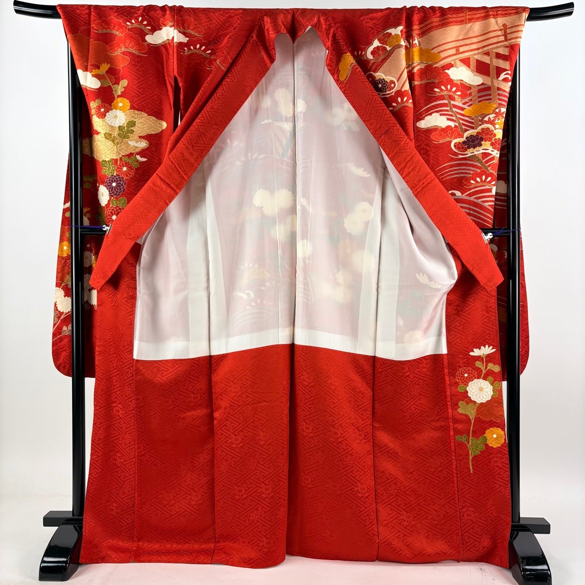 振袖 身丈169cm 裄丈70.5cm L 袷 菊 青海波 金糸 金彩 赤 正絹 名品