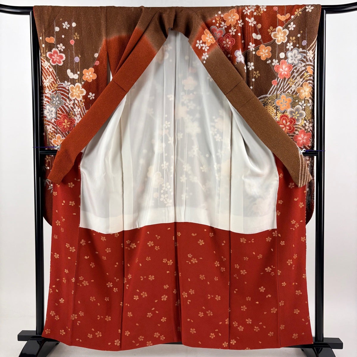 振袖 身丈159cm 裄丈64.5cm M 袷 梅 波 金彩 絞り 茶色 正絹 名品