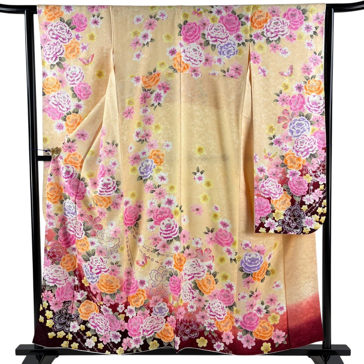 軽微な難あり☆振袖単品　優美に蝶花　正絹　身丈163cm　クリームイエロー 美品】 振袖 身丈156cm 裄丈63cm S 袷 草花 蝶 ラインストーン 銀彩 薄