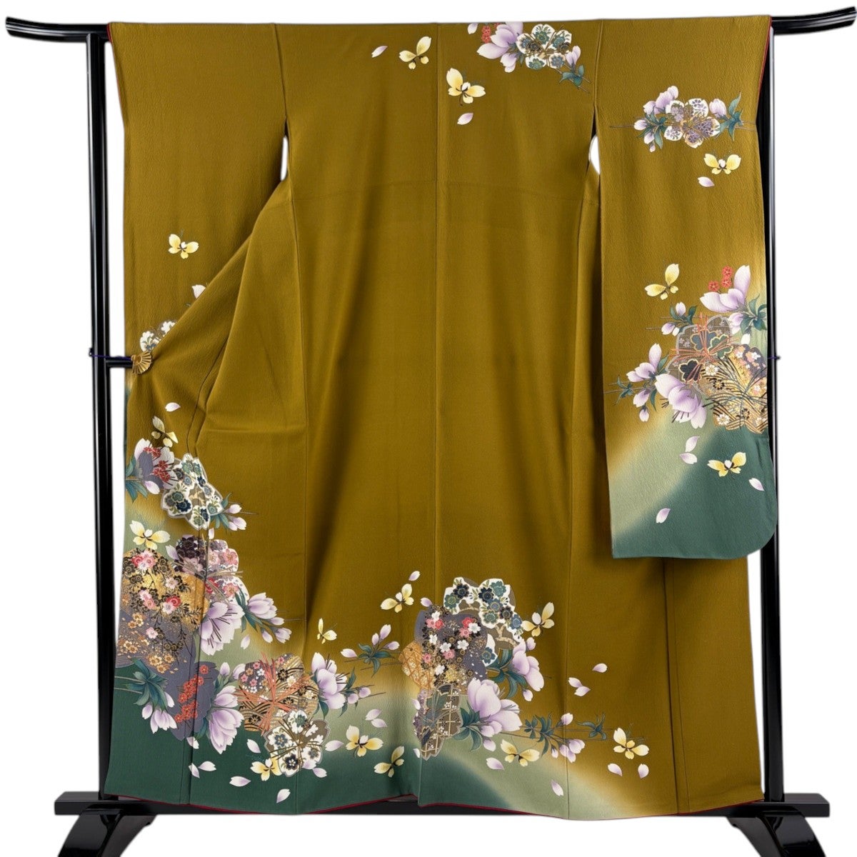 美品】 振袖 身丈158cm 裄丈63cm S 袷 桜 蝶 金彩 箔 黄土色 正絹 優品