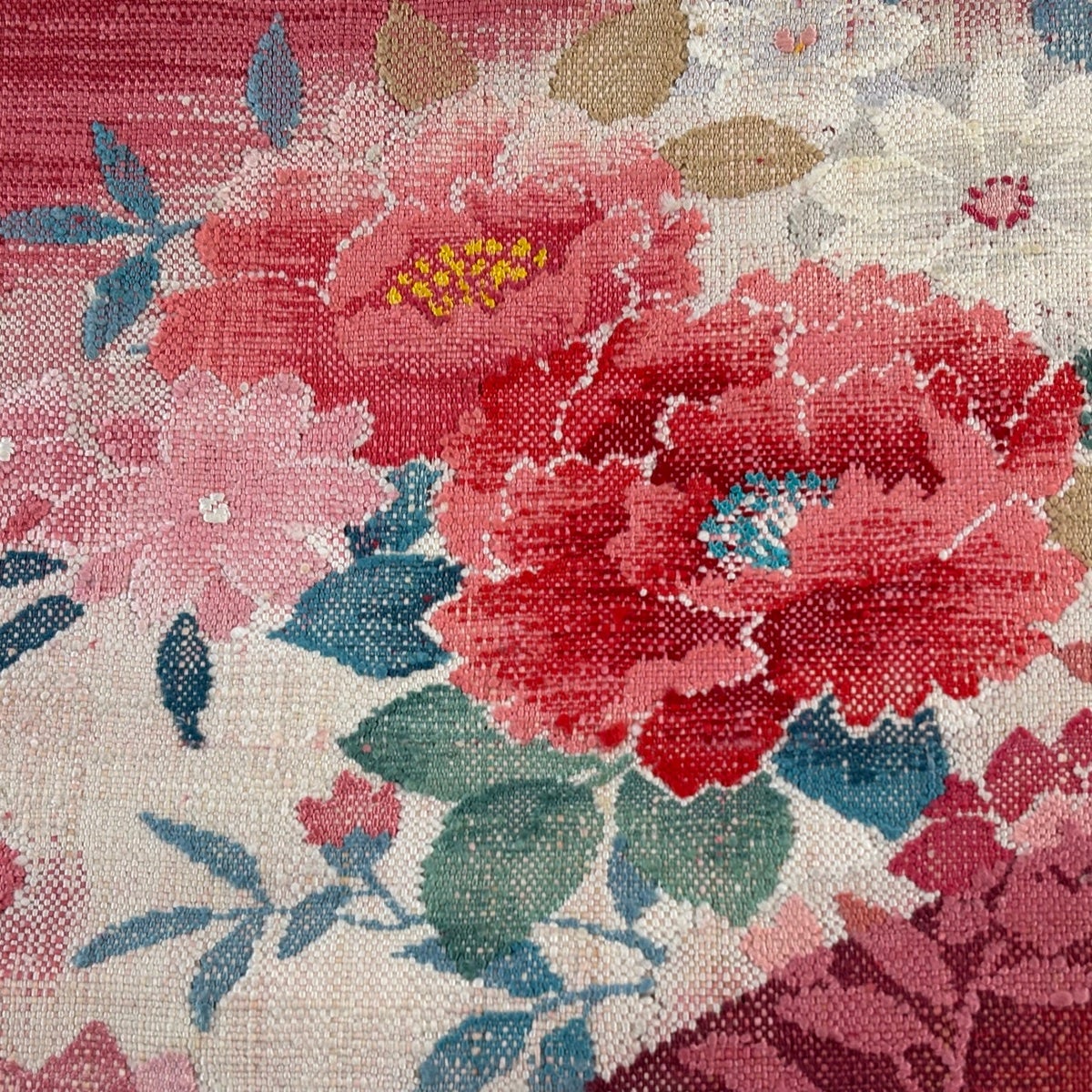 【美品】 名古屋帯 単衣 紬 松葉仕立て スーパーゆーびコート 美品】 名古屋帯 優品 松葉仕立て 八寸名古屋帯 紬地 草花 霞 茜色