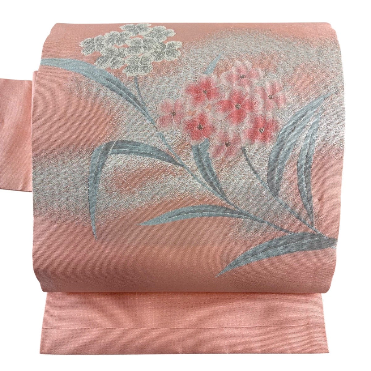 【中古】 名古屋帯 夏物 しつけ糸あり 絽 正絹(金銀糸除く) ピンク系 草花柄 お洒落 しつけ糸あり 和装 呉服 和服 きもの レディース 女性 夏物 名古屋帯 リサイクル 正絹 京都 西陣 絽綴れ 金銀糸 ライトグレー
