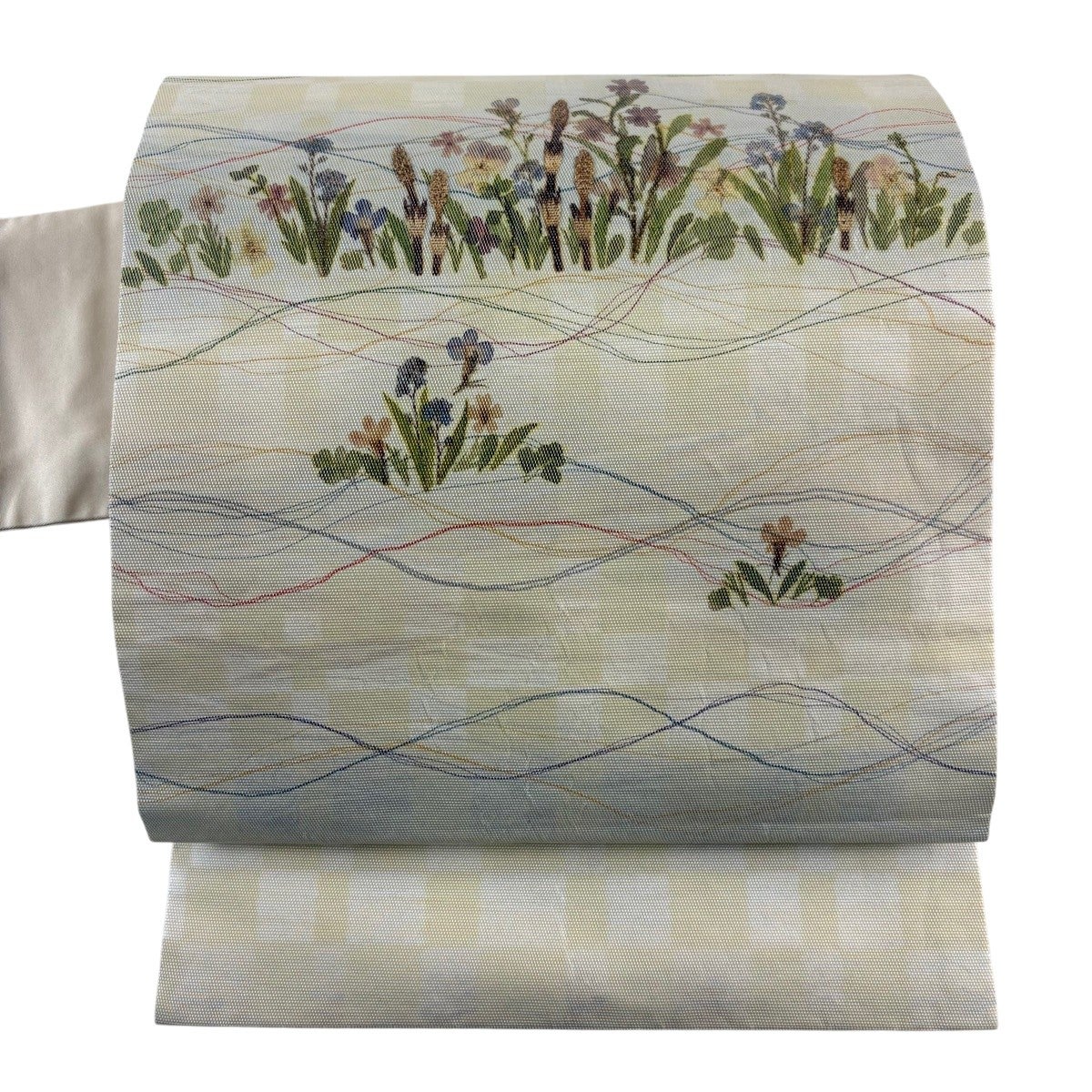 名古屋帯 優品 花香織 草花 市松 銀彩 ベージュ 正絹｜中古・古着