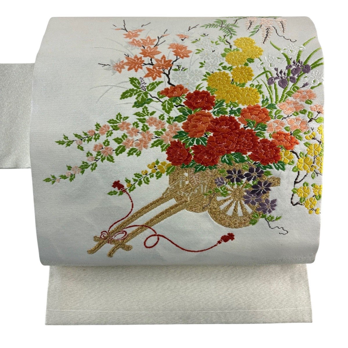 名古屋帯 優品 関西仕立て 花車 金銀糸 クリーム 正絹｜中古・古着