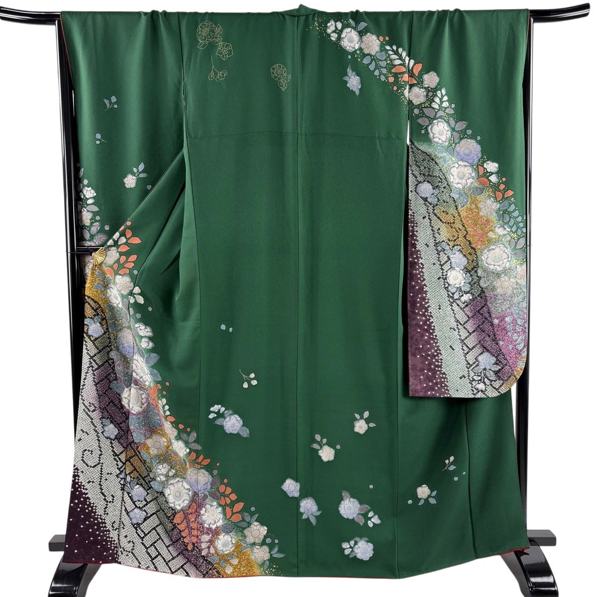 353　異彩を放つ　絞り辻ヶ花柄【深緑に花々】振袖6点フルセット卒業式謝恩会 仕立て付き 正絹 振袖 フルセット32点 辻が花 絞り f-094 黄緑色 成人