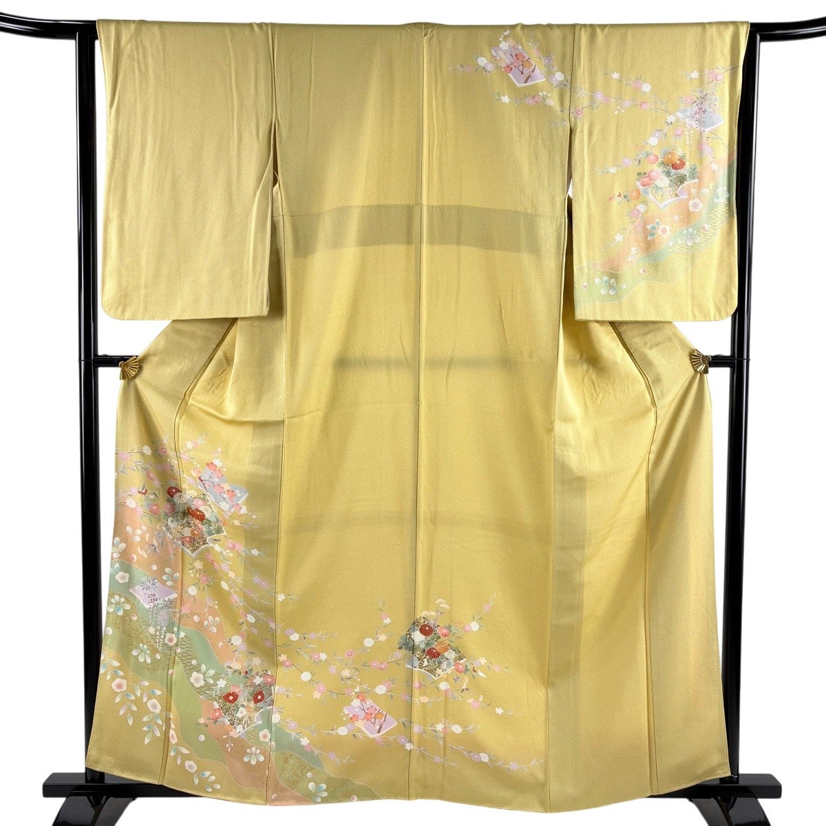 訪問着 身丈155cm 裄丈65.5cm M 袷 菊 雫 金彩 黒灰 正絹 秀品｜中古