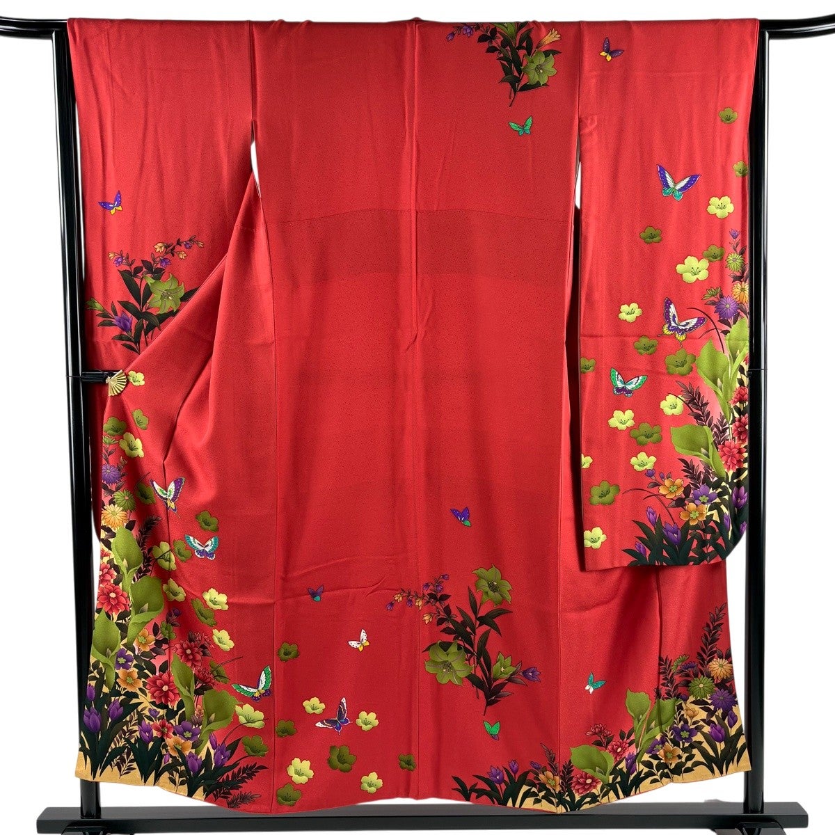 美品】 振袖 身丈152cm 裄丈66.5cm M 袷 蝶 草花 箔 金彩 赤 正絹 秀品