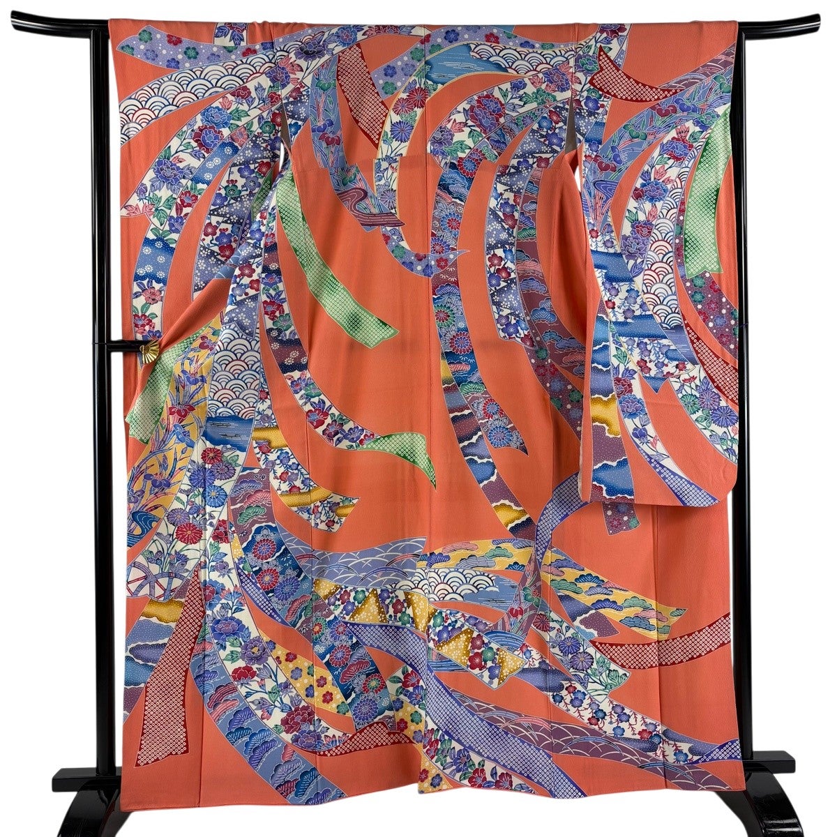 振袖 美品 名品 身丈160cm 裄丈64cm 正絹 【中古】 振袖 身丈166cm 裄丈64cm M 袷 草花 源氏車 金彩 金糸 オレンジ 正絹