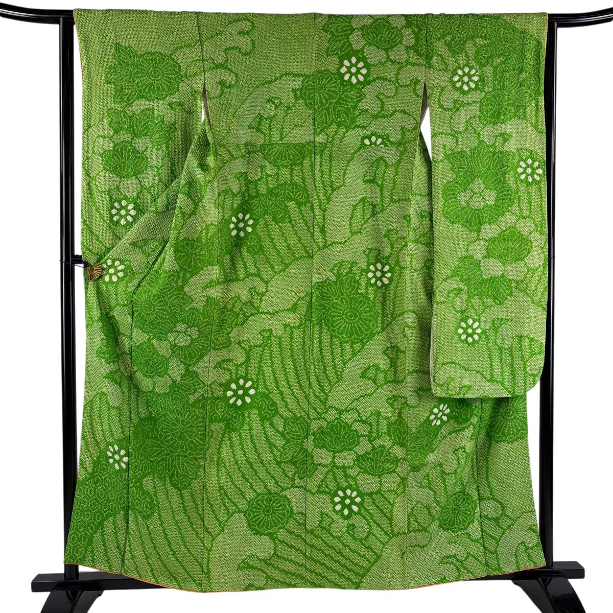 振袖 身丈159cm 裄丈63.5cm S 袷 菊 牡丹 総絞り 黄緑色 正絹 秀品