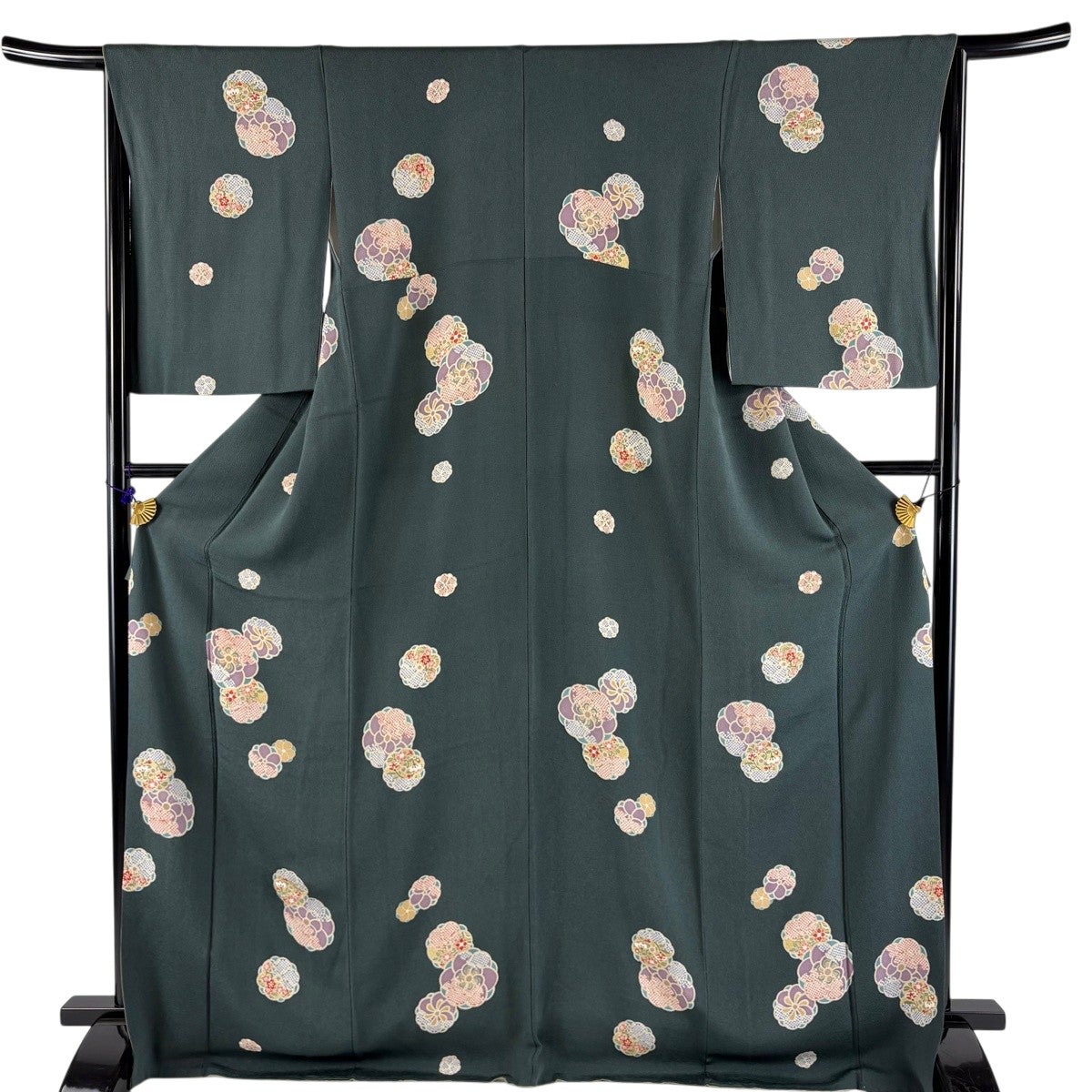 小紋 身丈171.5cm 裄丈65cm M 袷 草花 梅 金彩 縮緬 深緑 正絹 秀品