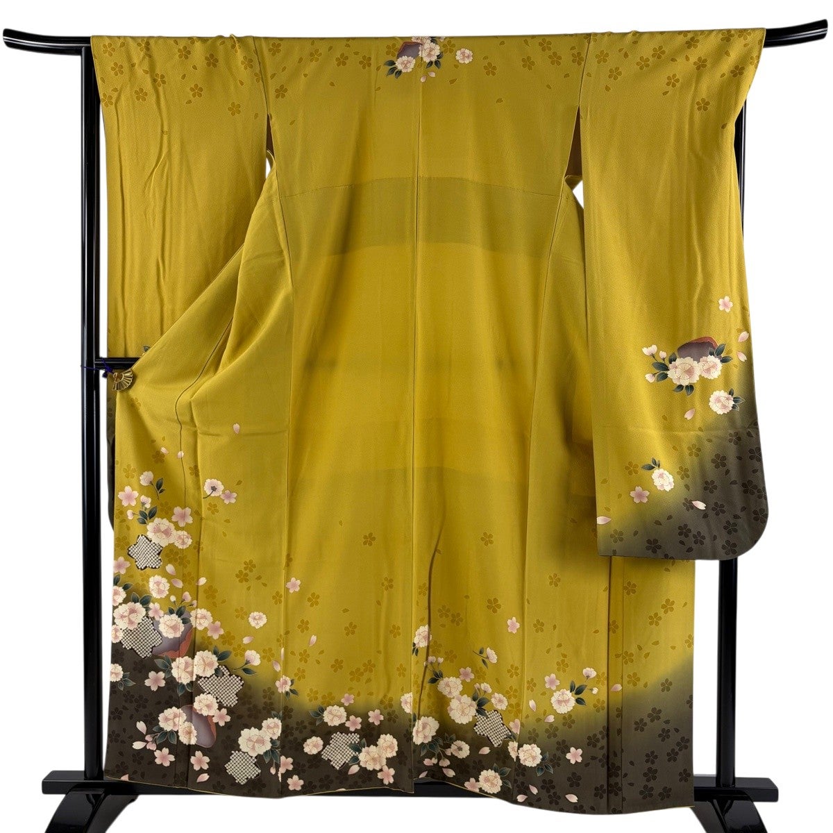 振袖 身丈159.5cm 裄丈67.5cm L 袷 桜 桜の花びら 金彩 ぼかし 黄土色