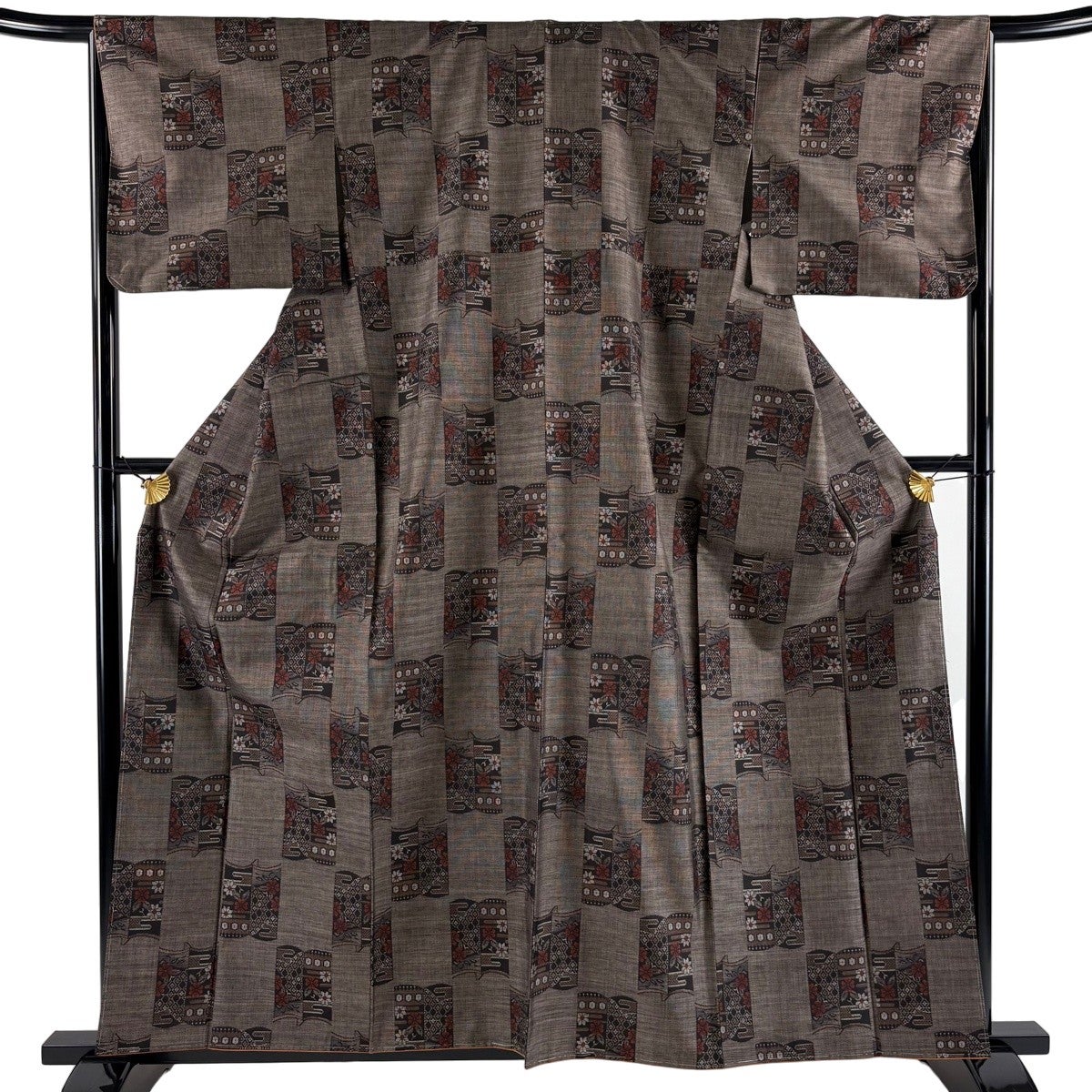 美品】 紬 身丈161.5cm 裄丈65cm M 袷 市松 横縞 焦茶色 正絹 逸品