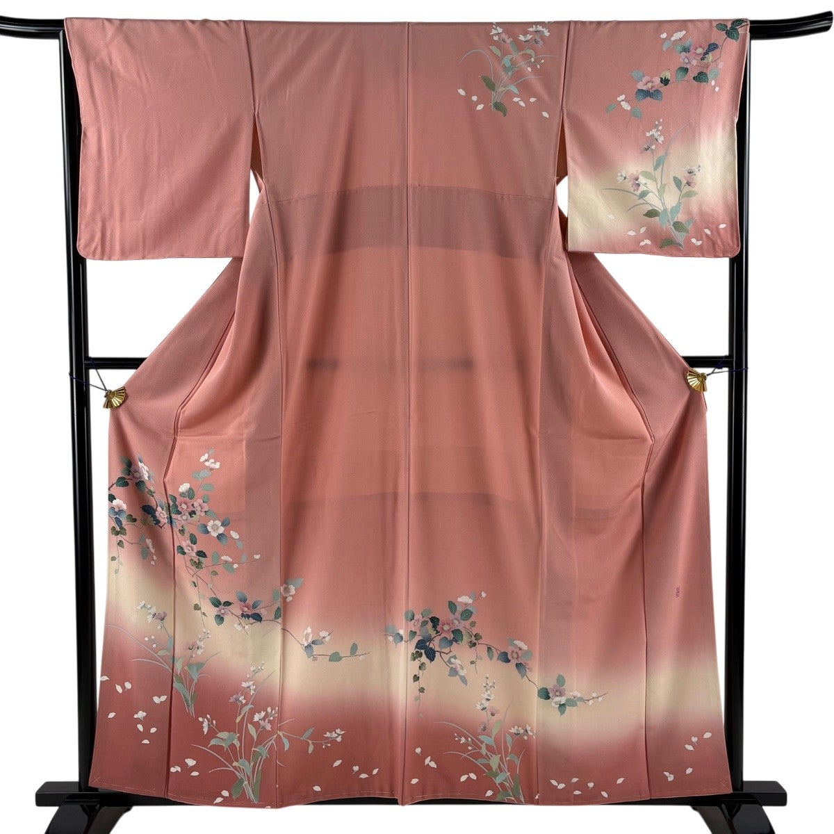 美品】 訪問着 身丈170cm 裄丈67cm M 袷 枝花 流水 金彩 ぼかし 灰緑