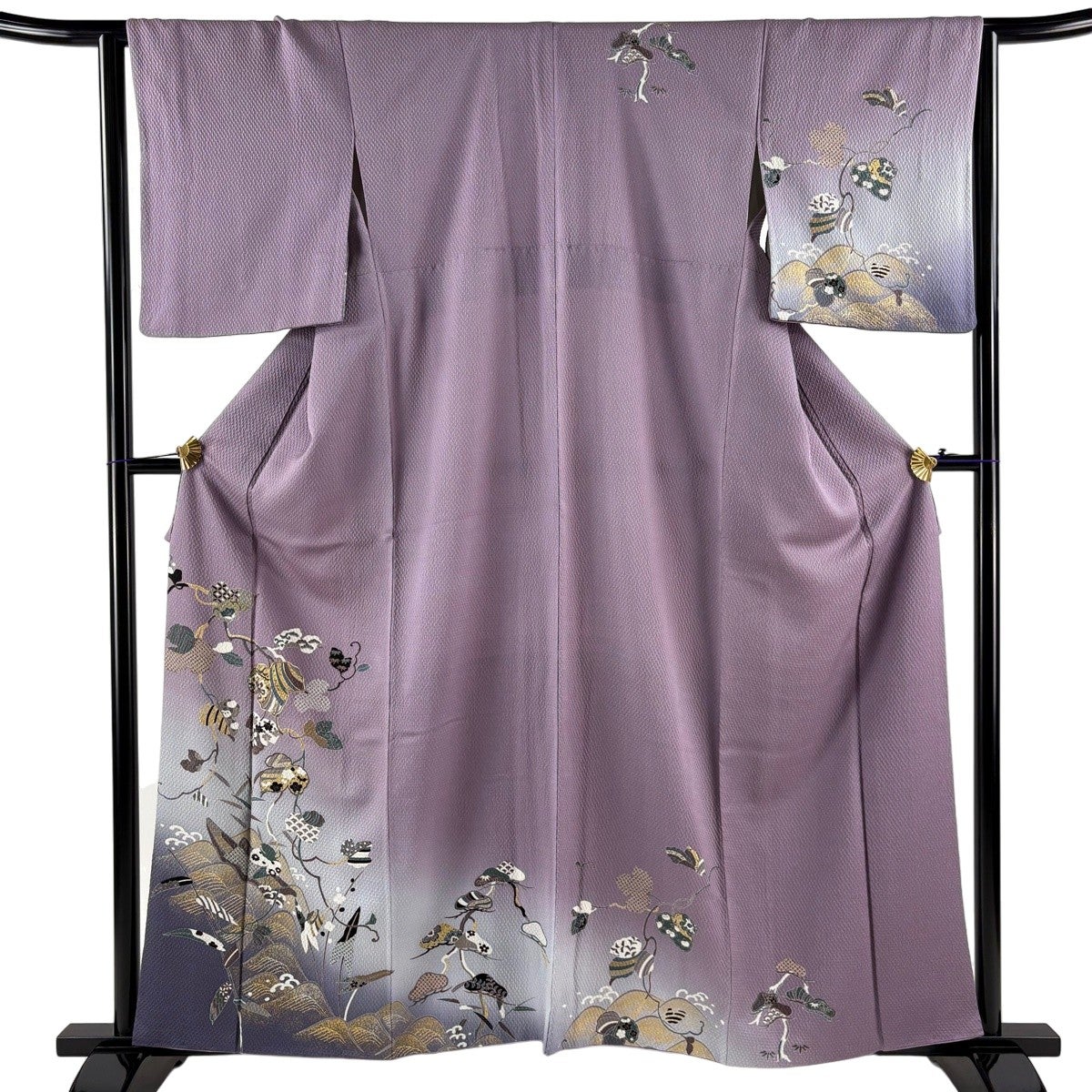 美品】 訪問着 身丈160cm 裄丈64cm M 袷 葉と実 扇面 刺繍 金銀糸 茶色
