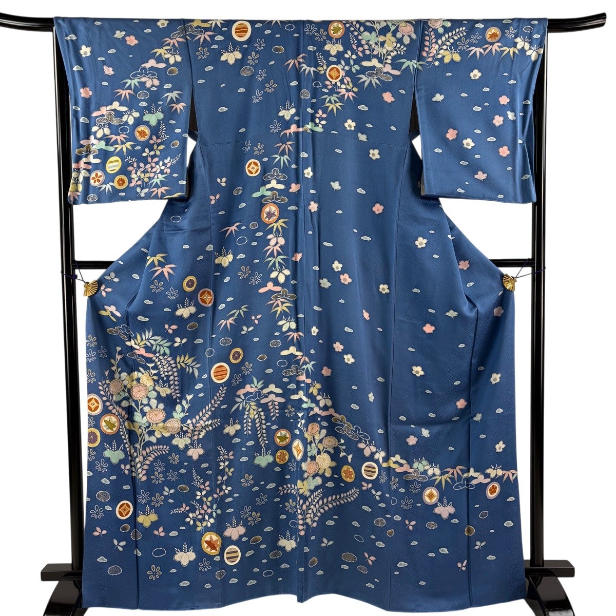 美品】 振袖 身丈172cm 裄丈71.5cm L 袷 桜 波 金糸 金彩 青紫 正絹