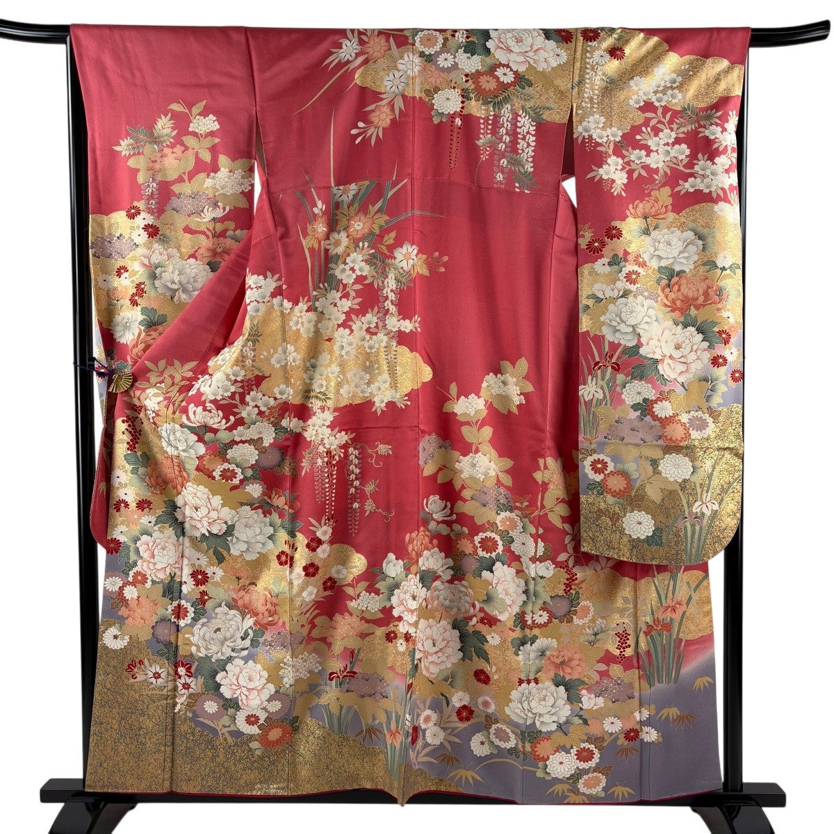 振袖 身丈159cm 裄丈66.5cm M 袷 草花 牡丹 金彩 ピンク 正絹 秀品