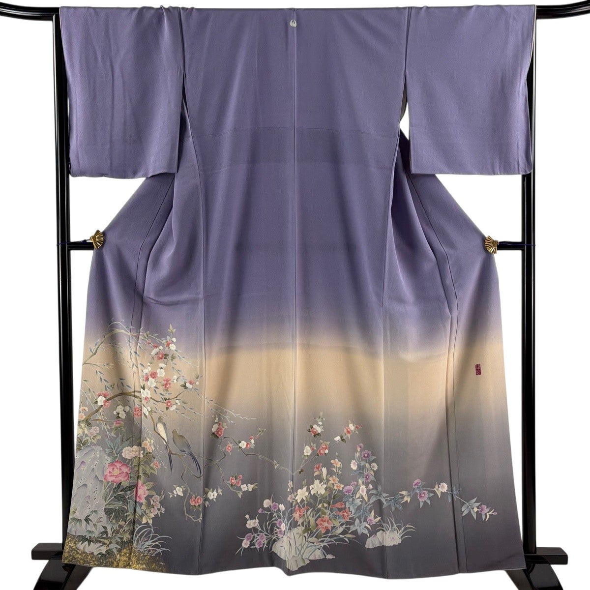 断捨離中！ ☆ 色留袖 薄紫 一つ紋 正絹 裄長め 色留袖 身丈162cm 裄丈67.5cm L 袷 落款あり 枝花 鳥 金彩 ぼかし 紫