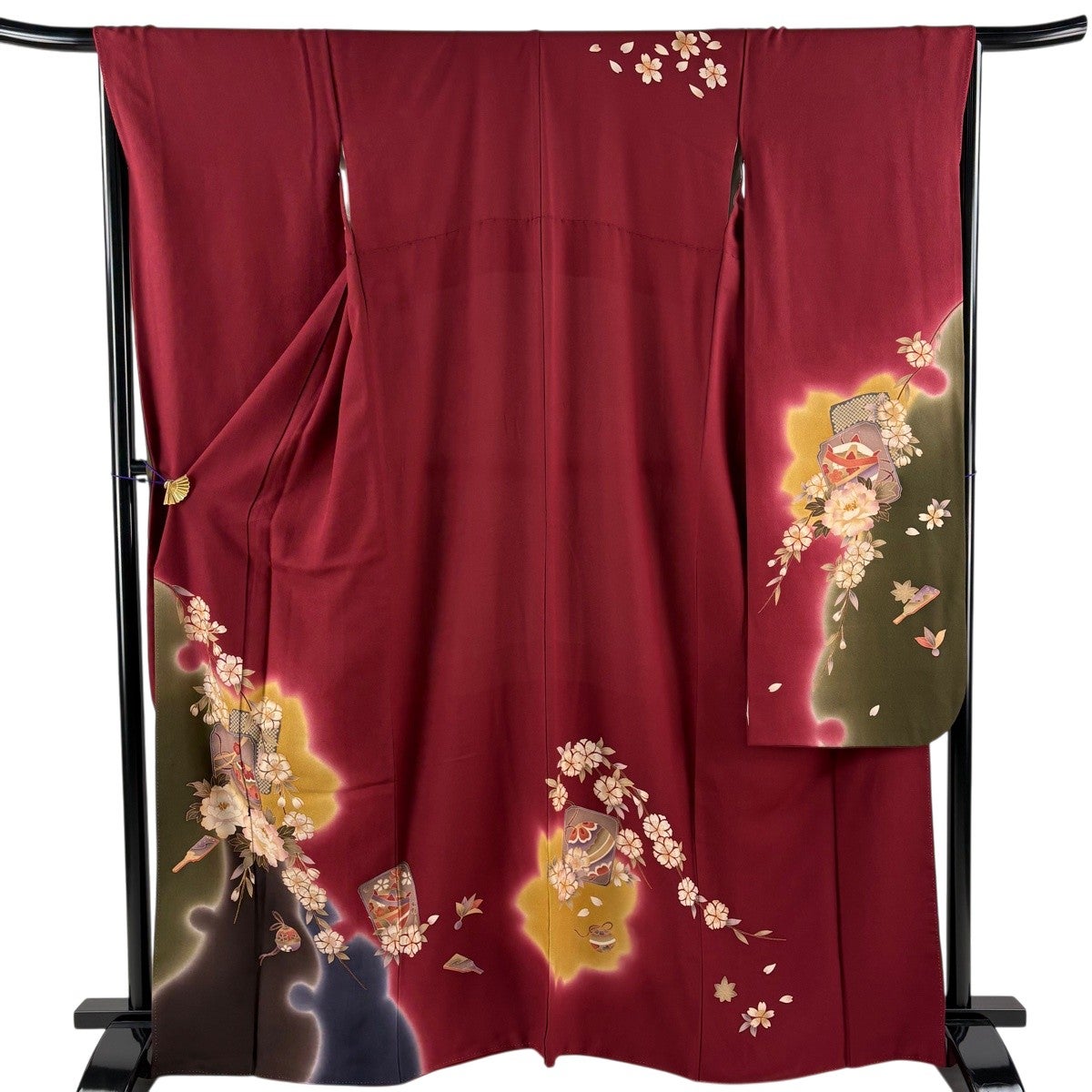 振袖 身丈163cm 裄丈68cm L 袷 花籠 草花 刺繍 絞り えんじ色 正絹 秀