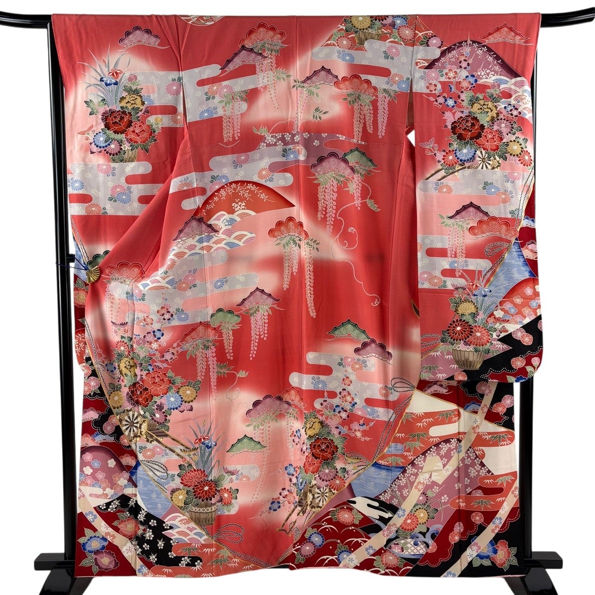 お値下げ薄ピンク地 地模様 振袖 花車 金彩 柄入り共八卦 正絹 身丈160 50%OFF 振袖 身丈160cm 裄丈66cm M 袷 花車 ヱ霞 金彩 ぼかし ピンク