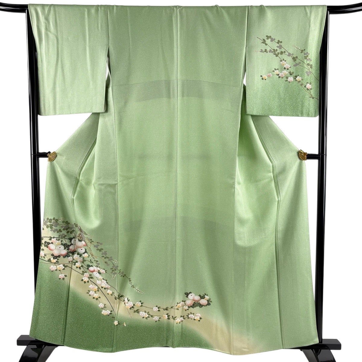 美品】 訪問着 身丈166.5cm 裄丈66cm M 袷 枝花 松 金彩 ぼかし 薄緑