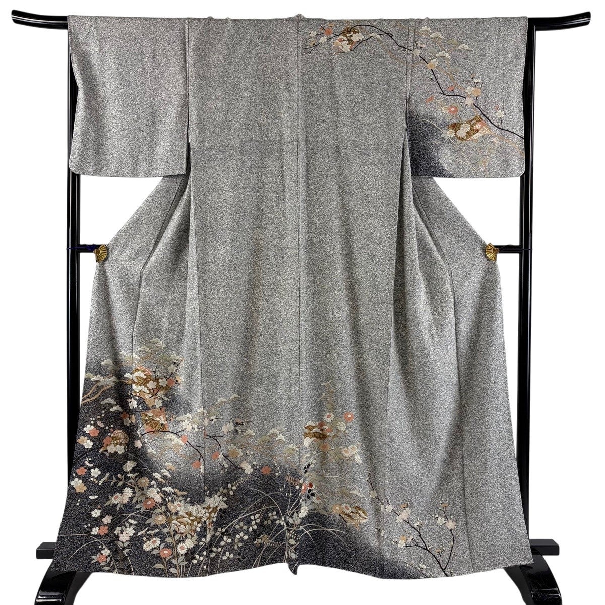 訪問着 身丈159cm 裄丈65cm M 袷 冊子 松梅 金彩 黒灰 正絹 秀品｜中古