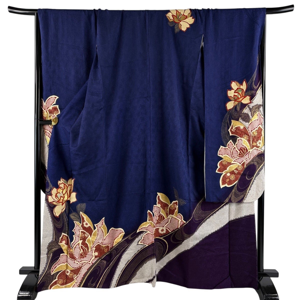 振袖 身丈164cm 裄丈71.5cm L 袷 草花 金彩 紺色 正絹 秀品｜中古