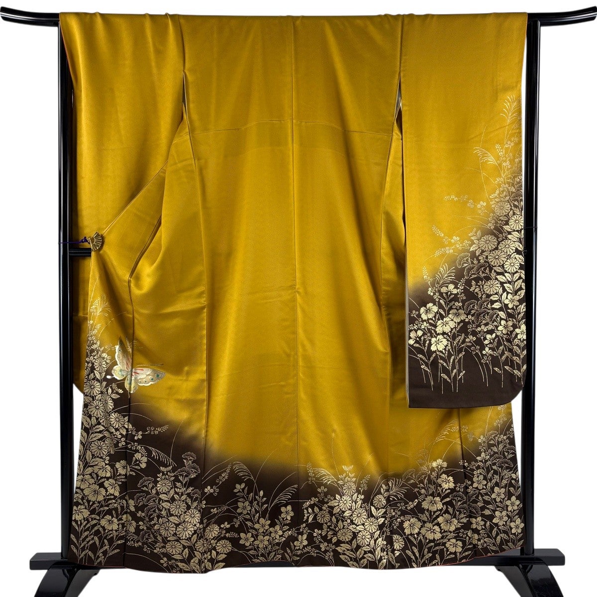 振袖 美品 秀品 身丈160cm 裄丈64cm 正絹 【中古】 美品】 振袖 身丈160cm 裄丈67cm M 袷 蝶 秋草 金銀彩 染め分け 山吹