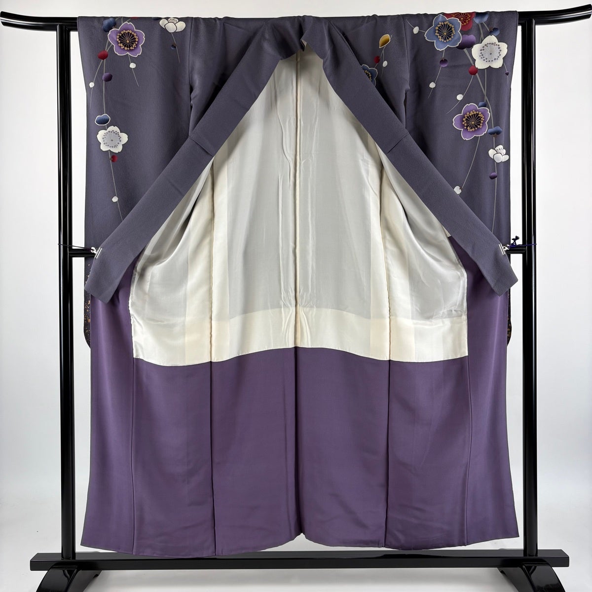 振袖 身丈155cm 裄丈62cm S 袷 桜 枝花 金銀彩 灰紫 正絹 秀品｜中古