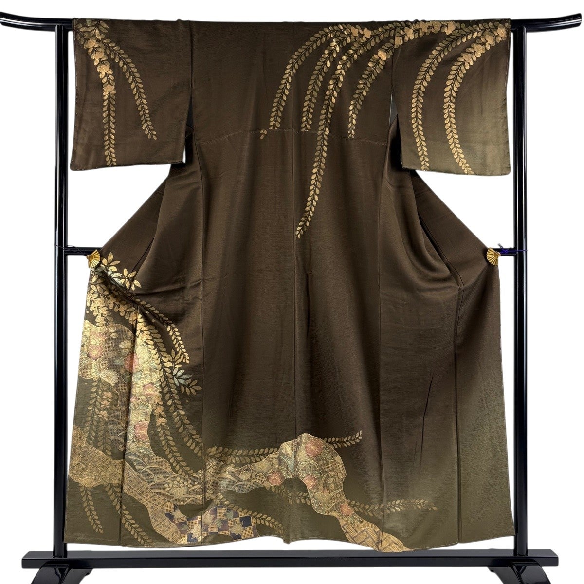訪問着 身丈155cm 裄丈63cm S 袷 草花 道長取り 金彩 焦茶色 正絹 秀品