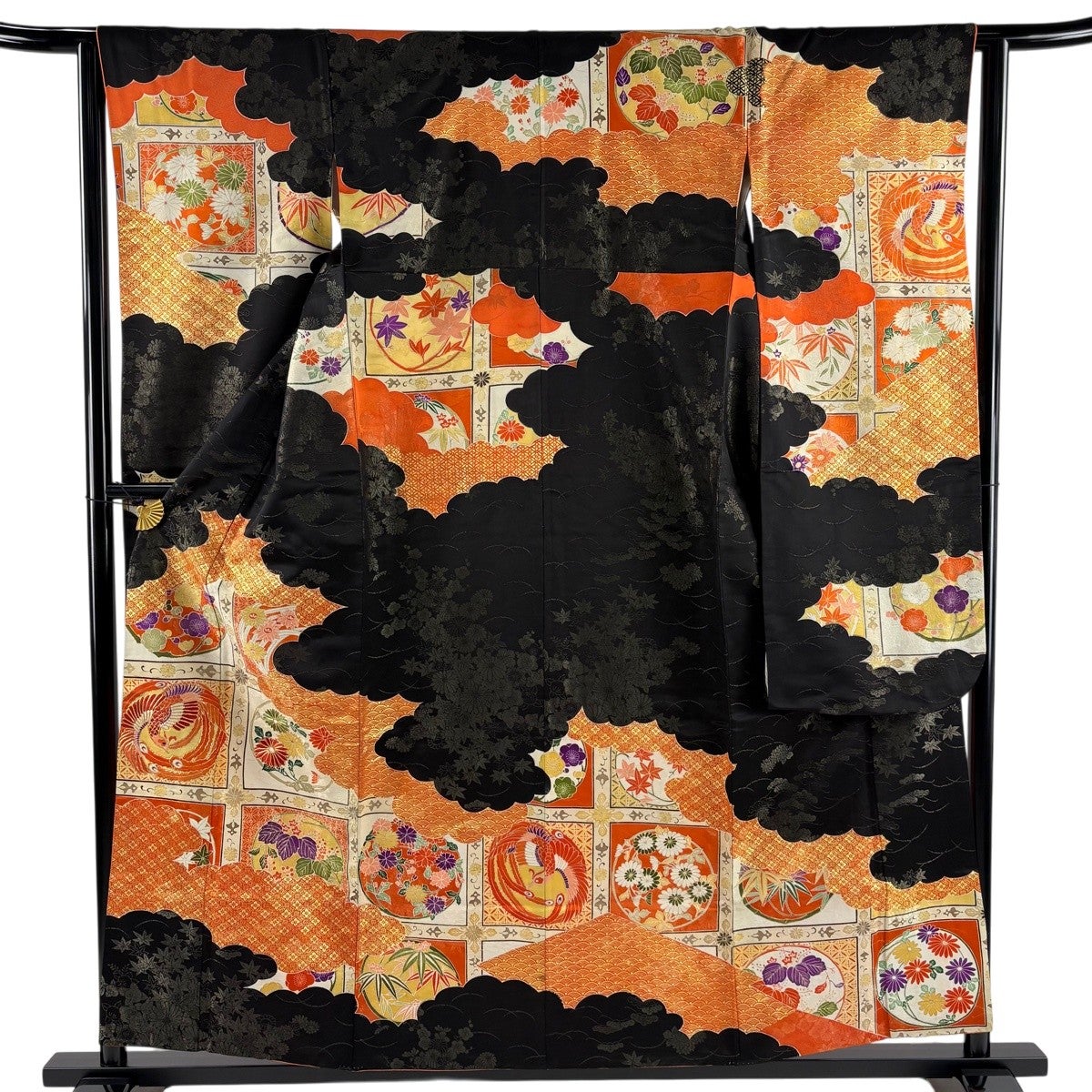 振袖 身丈158cm 裄丈62cm S 袷 花丸文 鳳凰 金糸 金彩 黒 正絹 秀品