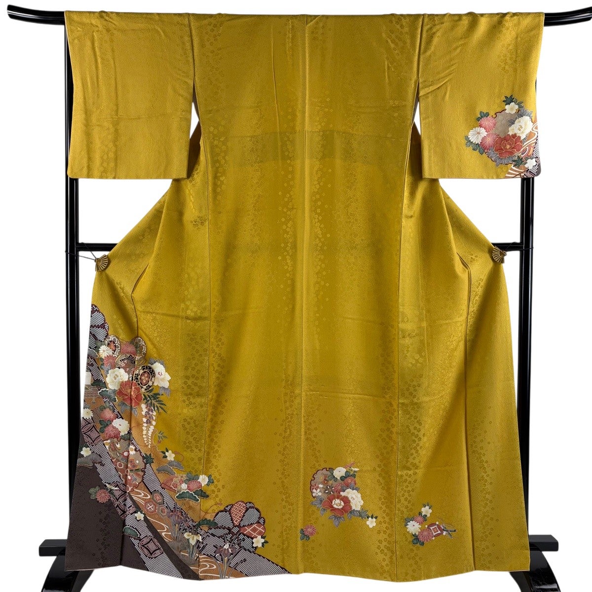 付下げ 身丈164.5cm 裄丈70cm L 袷 鼓 草花 金糸 金彩 からし色 正絹