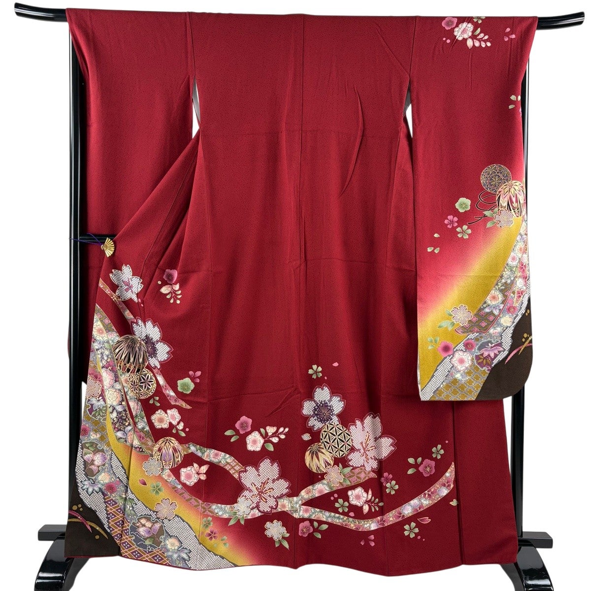 【振袖フルセット】身丈163.5cm 裄丈69cm 桜 手鞠 金彩 ぼかし 赤 美品】 振袖 身丈163.5cm 裄丈66cm M 袷 手鞠 蝶 金彩 金糸 赤 正絹