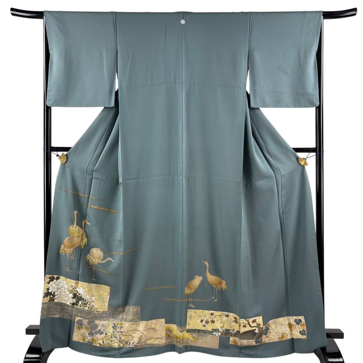 色留袖 身丈165.5cm 裄丈66cm M 袷 鶴 牡丹 金銀彩 灰緑 正絹 秀品 一