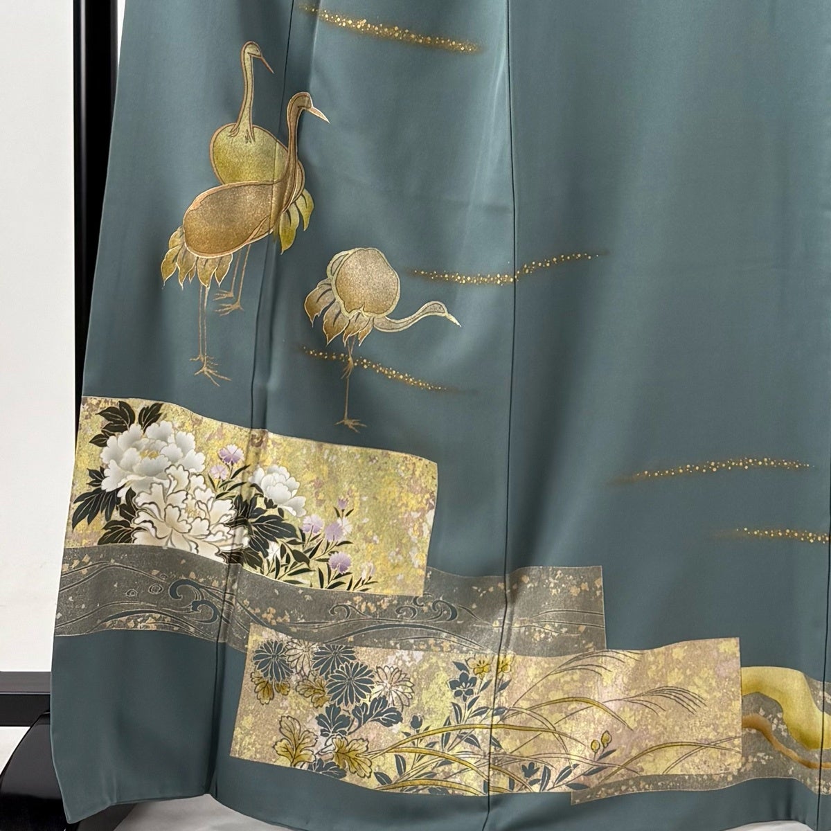 色留袖 身丈165.5cm 裄丈66cm M 袷 鶴 牡丹 金銀彩 灰緑 正絹 秀品 一