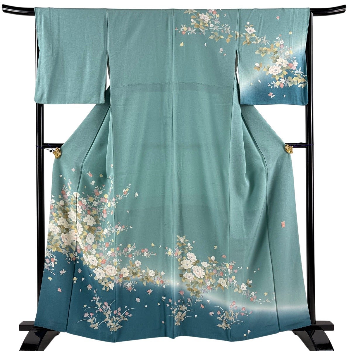 AC2197　訪問着　162㎝　緑青染分け古典草花 訪問着 身丈162.5cm 裄丈66cm M 袷 落款あり 枝花 草花 染め分け