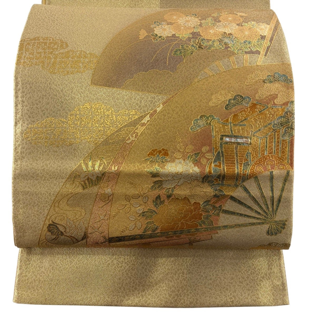 袋帯 秀品 草花 箔 螺鈿箔 金色 お太鼓柄 正絹｜中古・古着