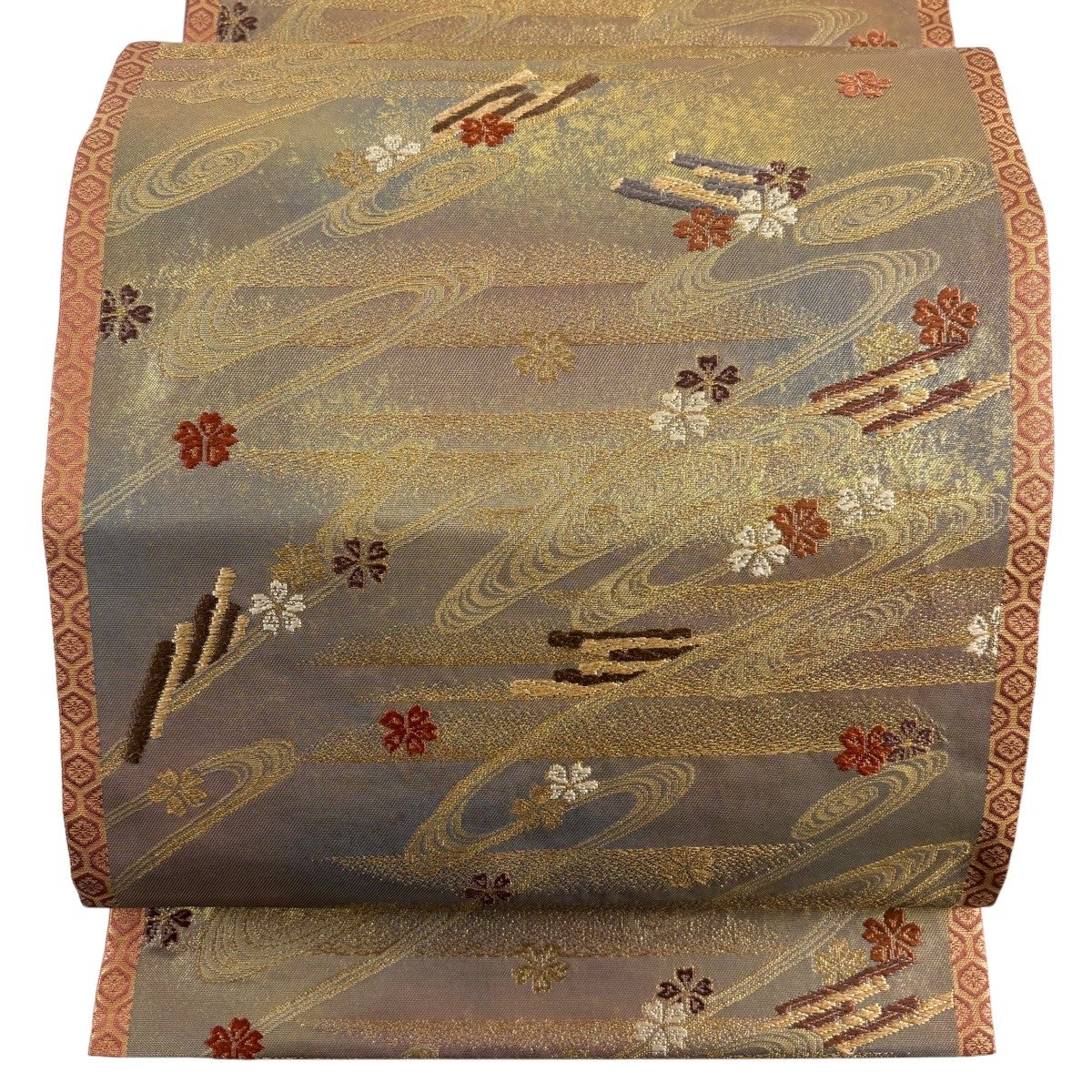 美品】 袋帯 秀品 琳派山取文 山並 草花 金糸 箔 灰茶 六通 正絹｜中古