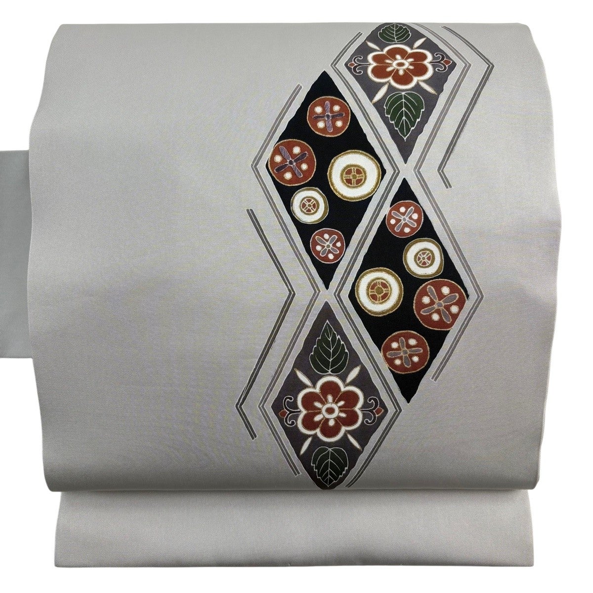 名古屋帯 秀品 草花 幾何学模様 金彩 灰色 正絹｜中古・古着