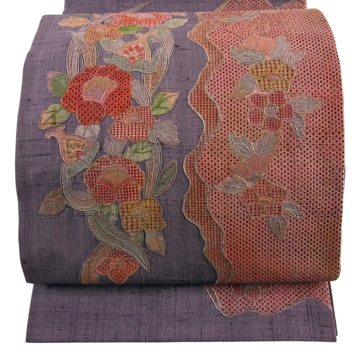 袋帯 逸品 落款あり 雪英導 御所車 草花 蘇州刺繍 箔 金色 お太鼓柄