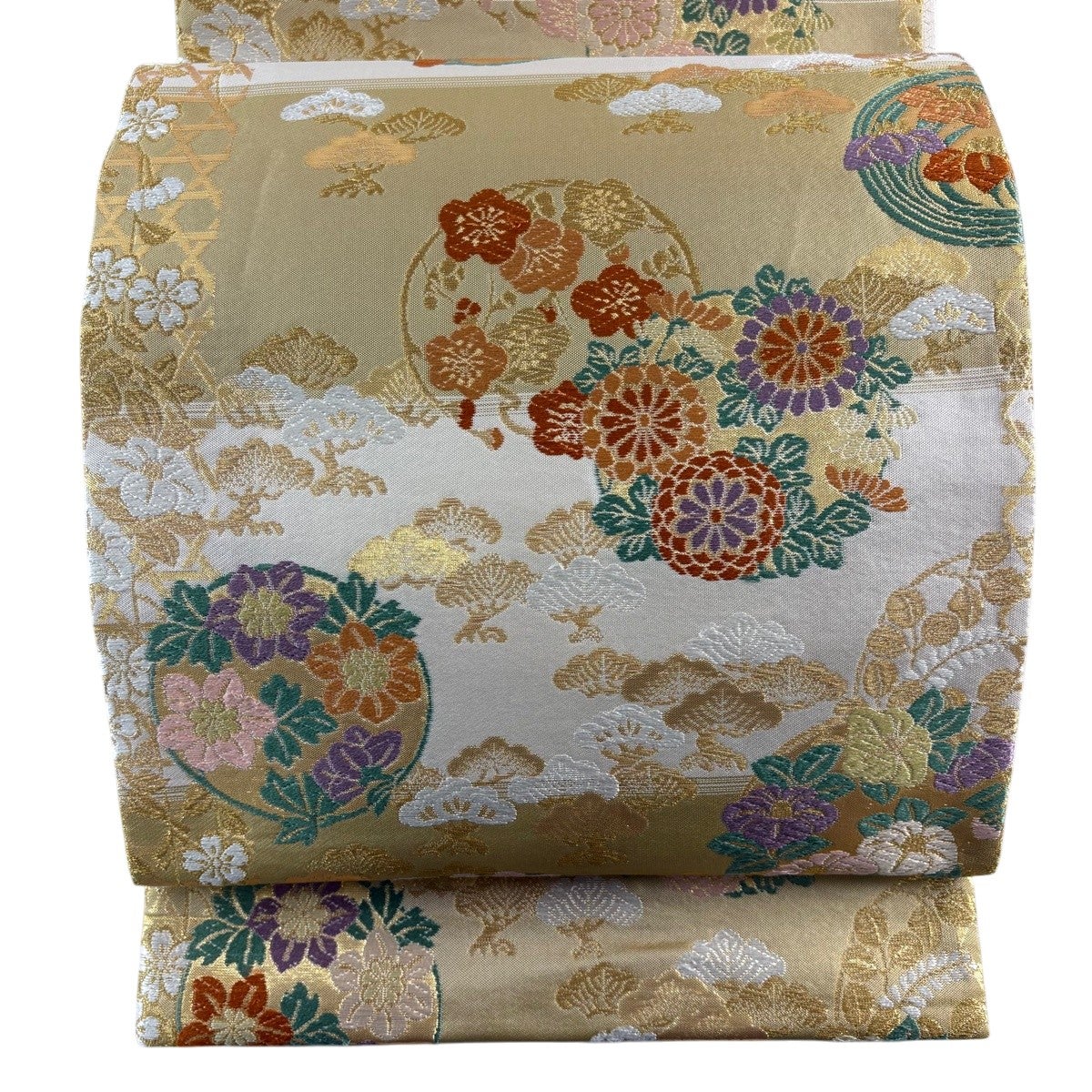 美品】 袋帯 秀品 夏帯 紗 花丸文 秋草 金糸 箔 灰茶 六通 正絹｜中古