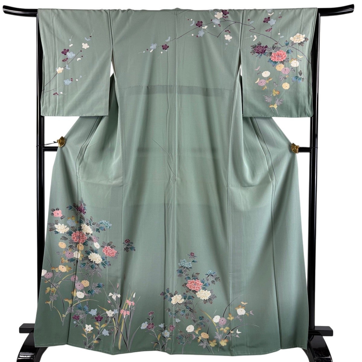 美品】 訪問着 身丈161cm 裄丈64cm M 袷 草花 花唐草 刺繍 ぼかし 灰色