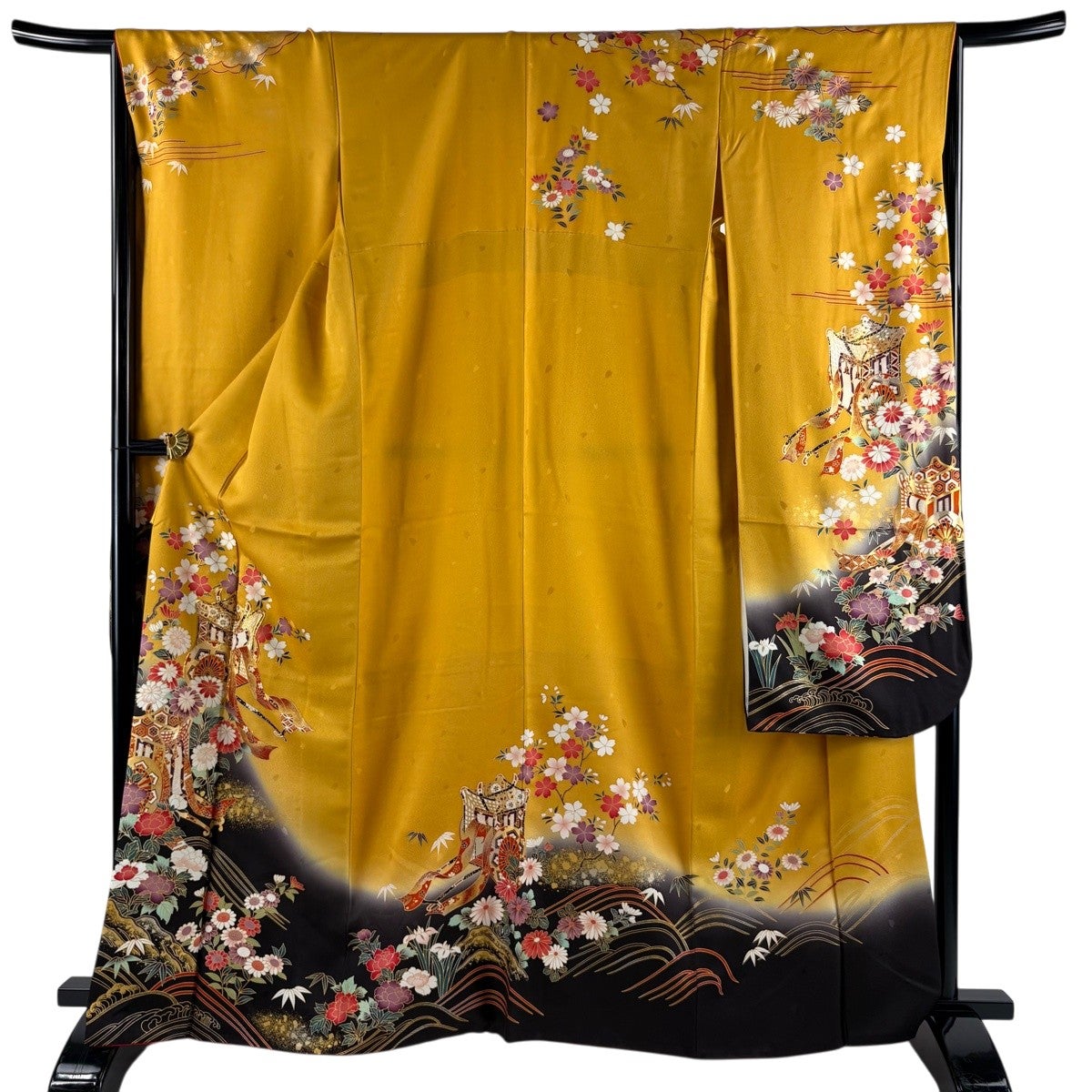 振袖 身丈158.5cm 裄丈65cm M 袷 几帳 草花 刺繍 金糸 山吹色 正絹 秀
