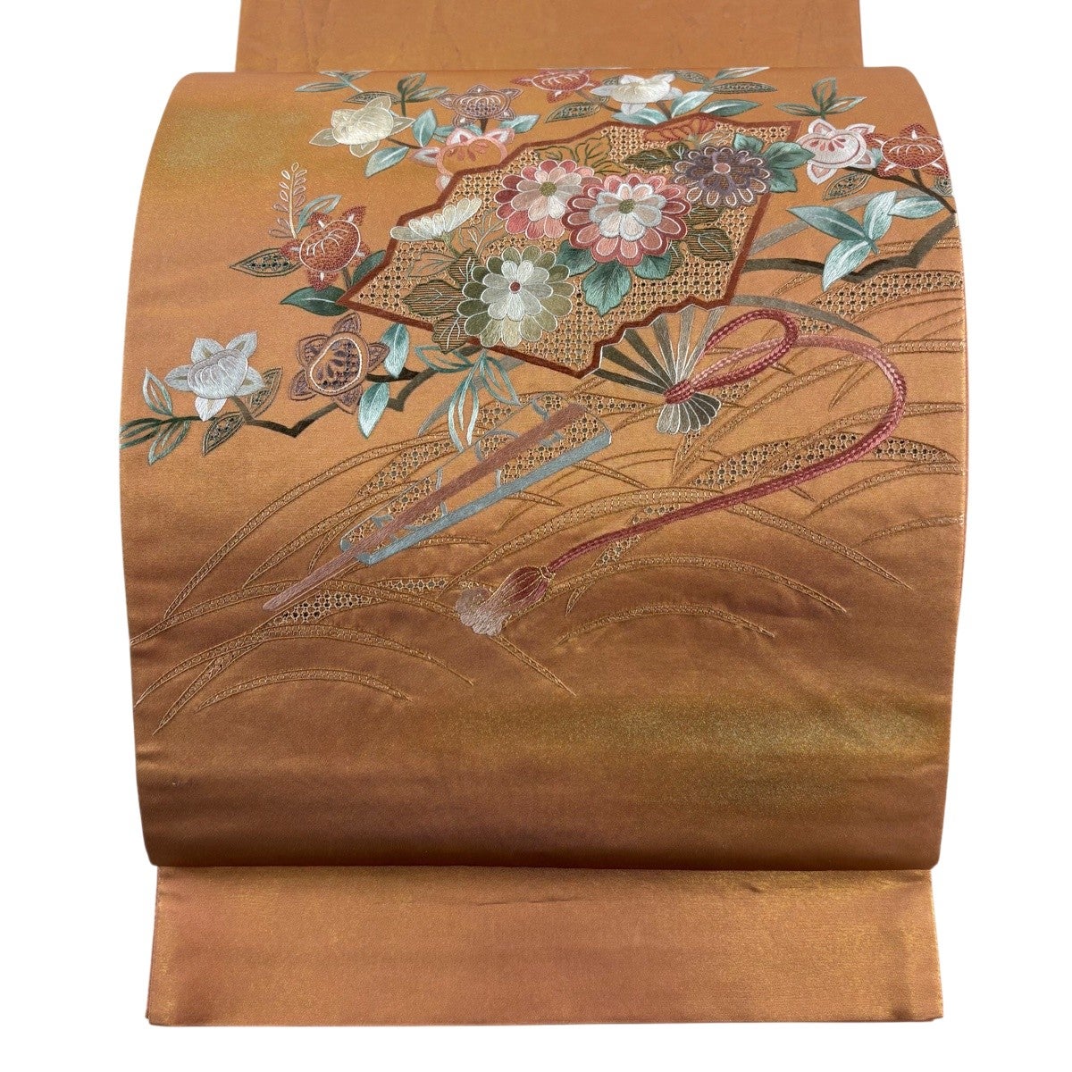 六通太鼓柄袋帯432cm×30.5cm螺鈿箔　霞文　引箔　正絹 袋帯 秀品 絵箔螺鈿 文箱 琵琶 金彩 灰色 お太鼓柄 正絹｜中古・古着